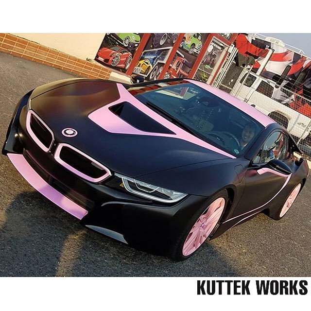 BMW I8 Wrapped in Avery SW Satin Black and Bubblegum Pink Vinyls